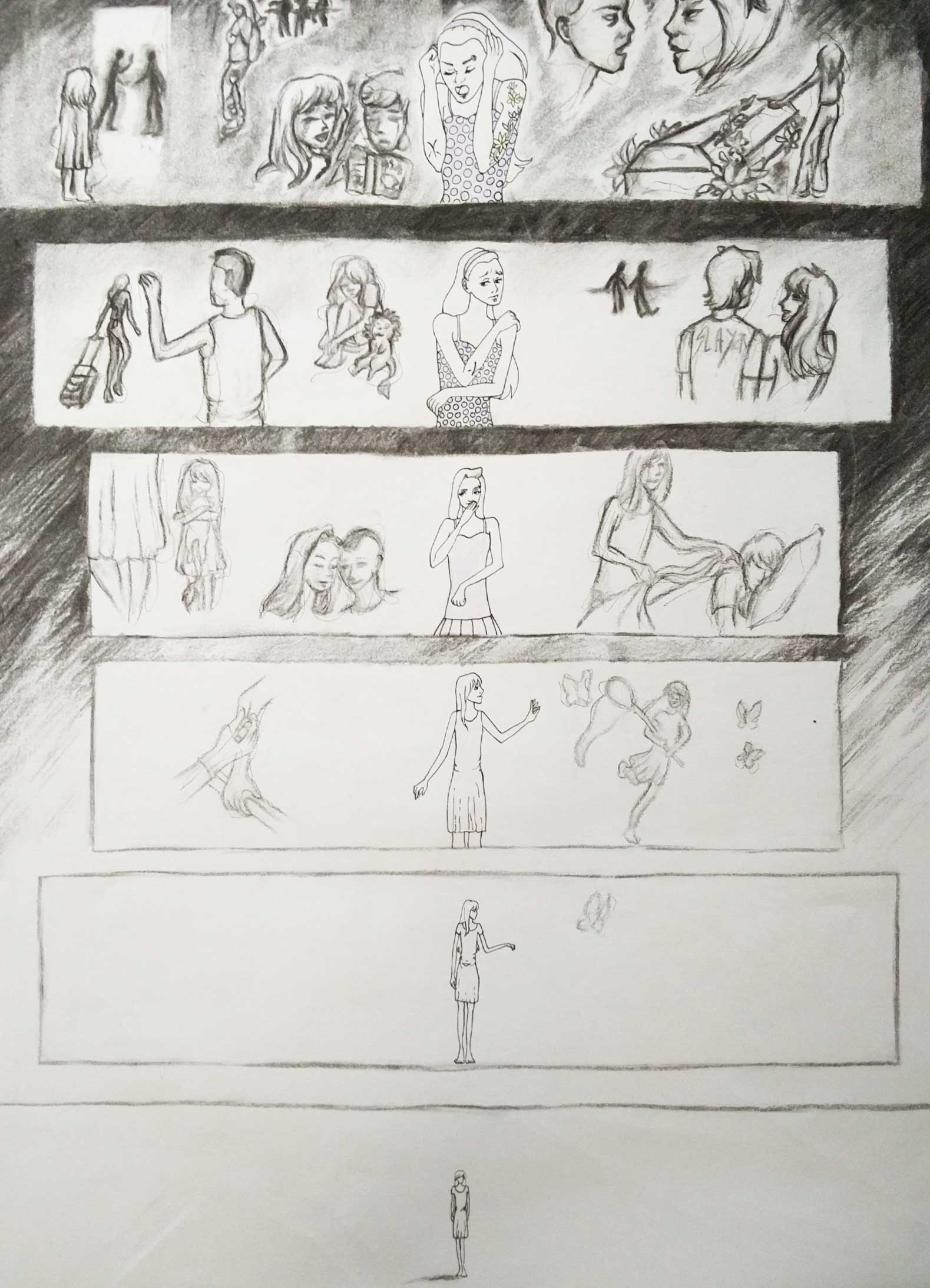 <q>Eternal sunshine of the spotless mind</q>,
    charcoal and fineliner