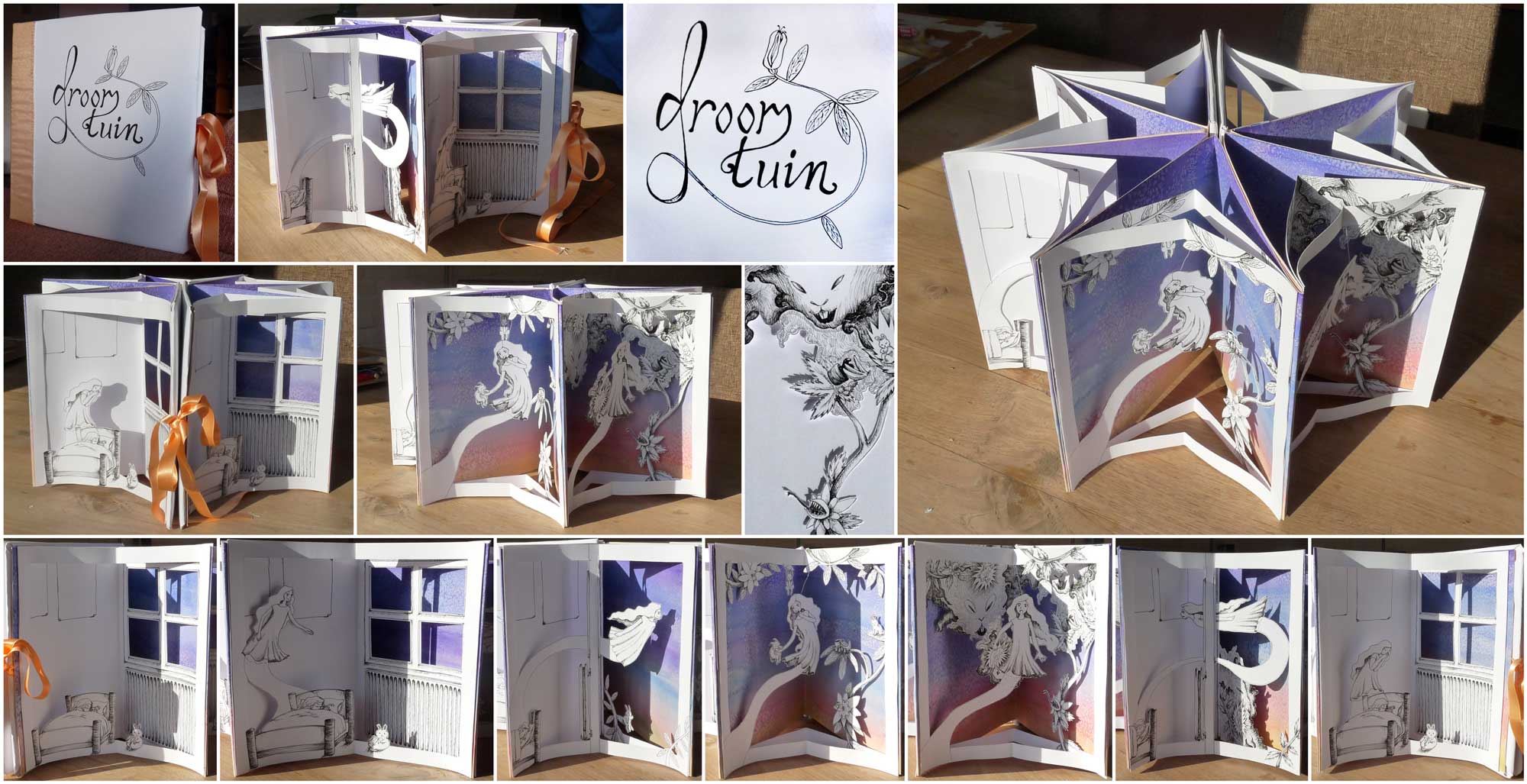 <q>Droomtuin</q>/<q>Dream garden</q>,
    a handmade star-shaped book, manually cut fineliner drawings overlaying watercolour backgrounds