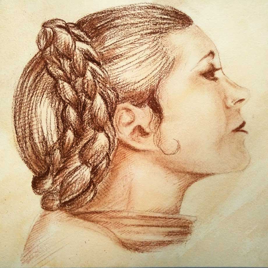 <q>Leia</q>, pastels on watercolour stained paper