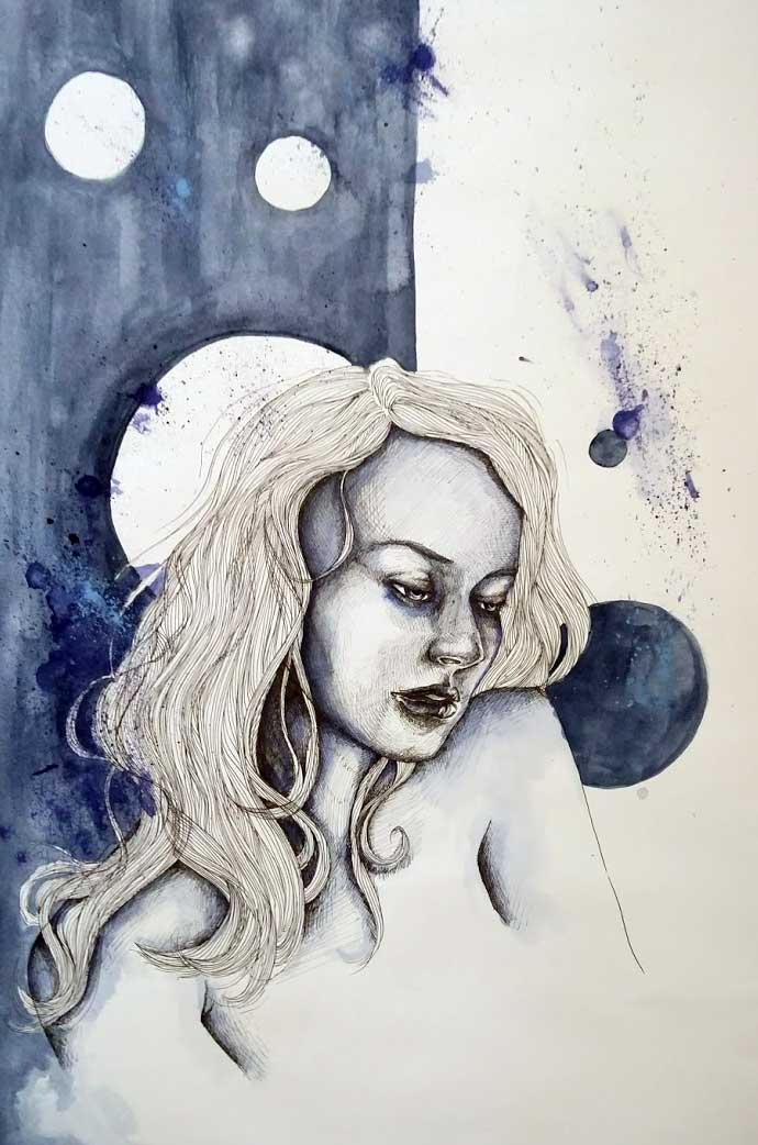 <q>Self portrait</q>, fineliner and watercolour